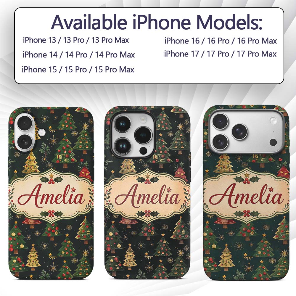 Vintage Christmas Trees Dark Green Gold Stars Custom Name Protective Phone Case Mobile Cover Durable Everyday Smartphone Shock Resistant