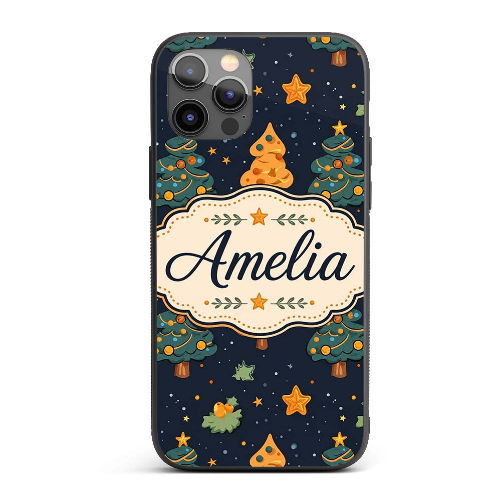 Cute Cartoon Christmas Trees Stars Navy Night Custom Name Protective Phone Case Mobile Cover Durable Everyday Smartphone Shock Resistant
