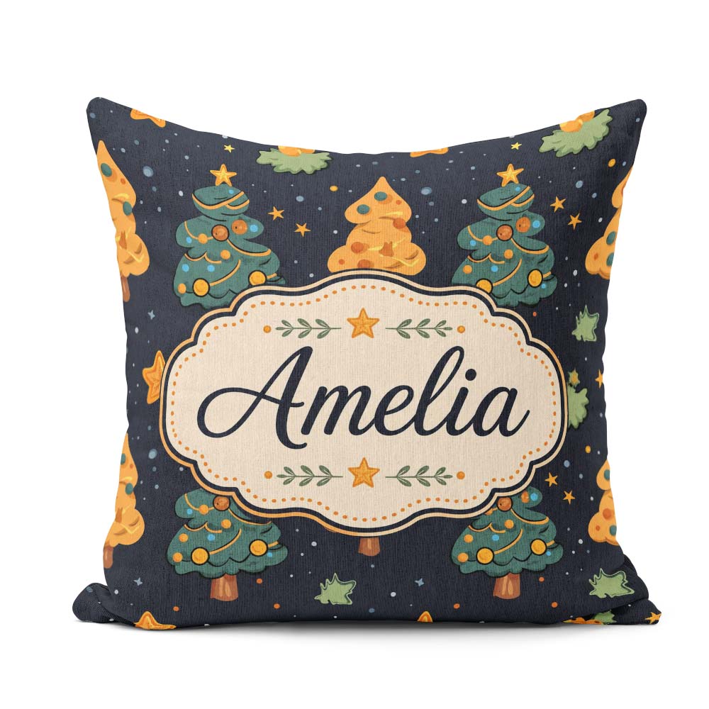 Custom Name Cute Cartoon Trees Stars Navy Night Seamless Pattern Square Filled Cushion Throw Pillow Sofa Bed Home Decor Zip Washable UK Made