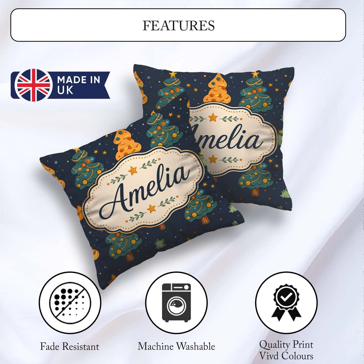 Custom Name Cute Cartoon Trees Stars Navy Night Seamless Pattern Square Filled Cushion Throw Pillow Sofa Bed Home Decor Zip Washable UK Made
