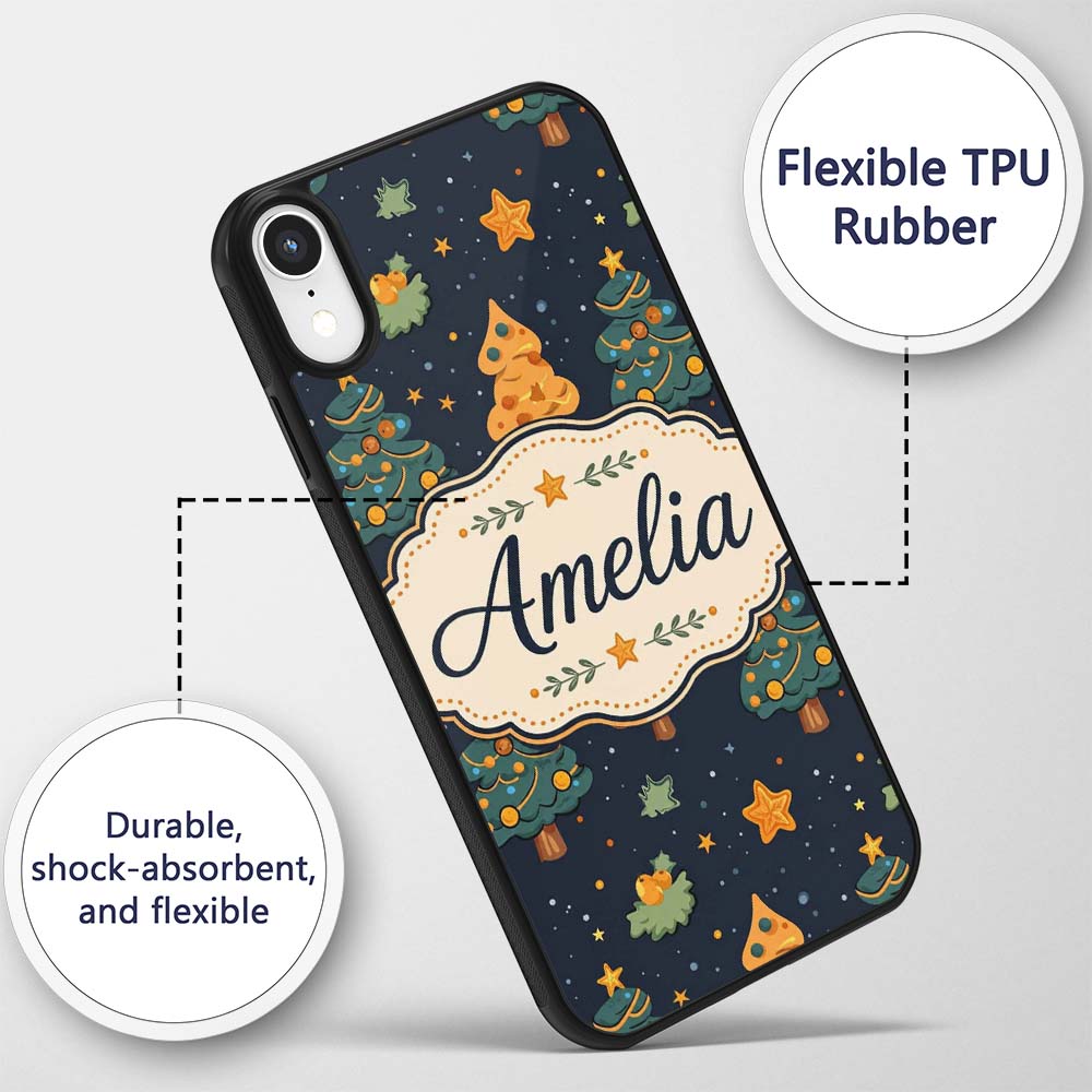 Cute Cartoon Christmas Trees Stars Navy Night Custom Name Protective Phone Case Mobile Cover Durable Everyday Smartphone Shock Resistant