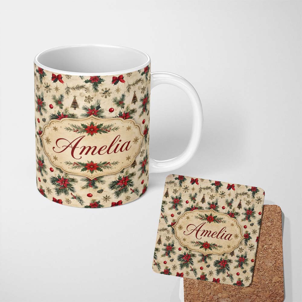 Personalized Custom Name Vintage Poinsettia Pine Branch Snowflake Festive Seamless Pattern 11oz Ceramic Coffee Tea Mug White Large Handle