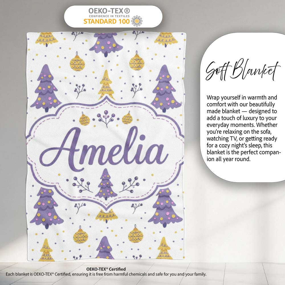 Pastel Christmas Trees Ornaments Soft Purple Yellow Seamless Pattern Personalised Custom Name Super Soft Fleece Blanket Bed Sofa Throw