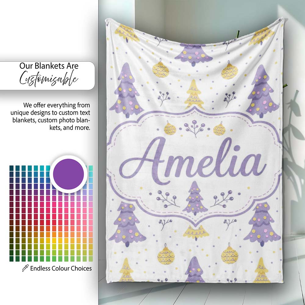 Pastel Christmas Trees Ornaments Soft Purple Yellow Seamless Pattern Personalised Custom Name Super Soft Fleece Blanket Bed Sofa Throw