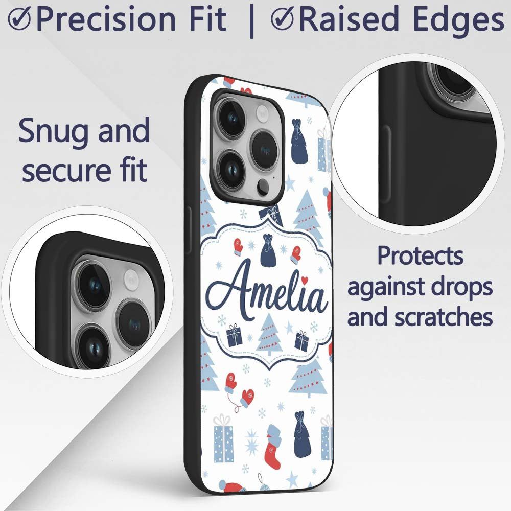 Winter Christmas Trees Gifts Mittens Seamless Custom Name Protective Phone Case Mobile Cover Durable Everyday Smartphone Shock Resistant