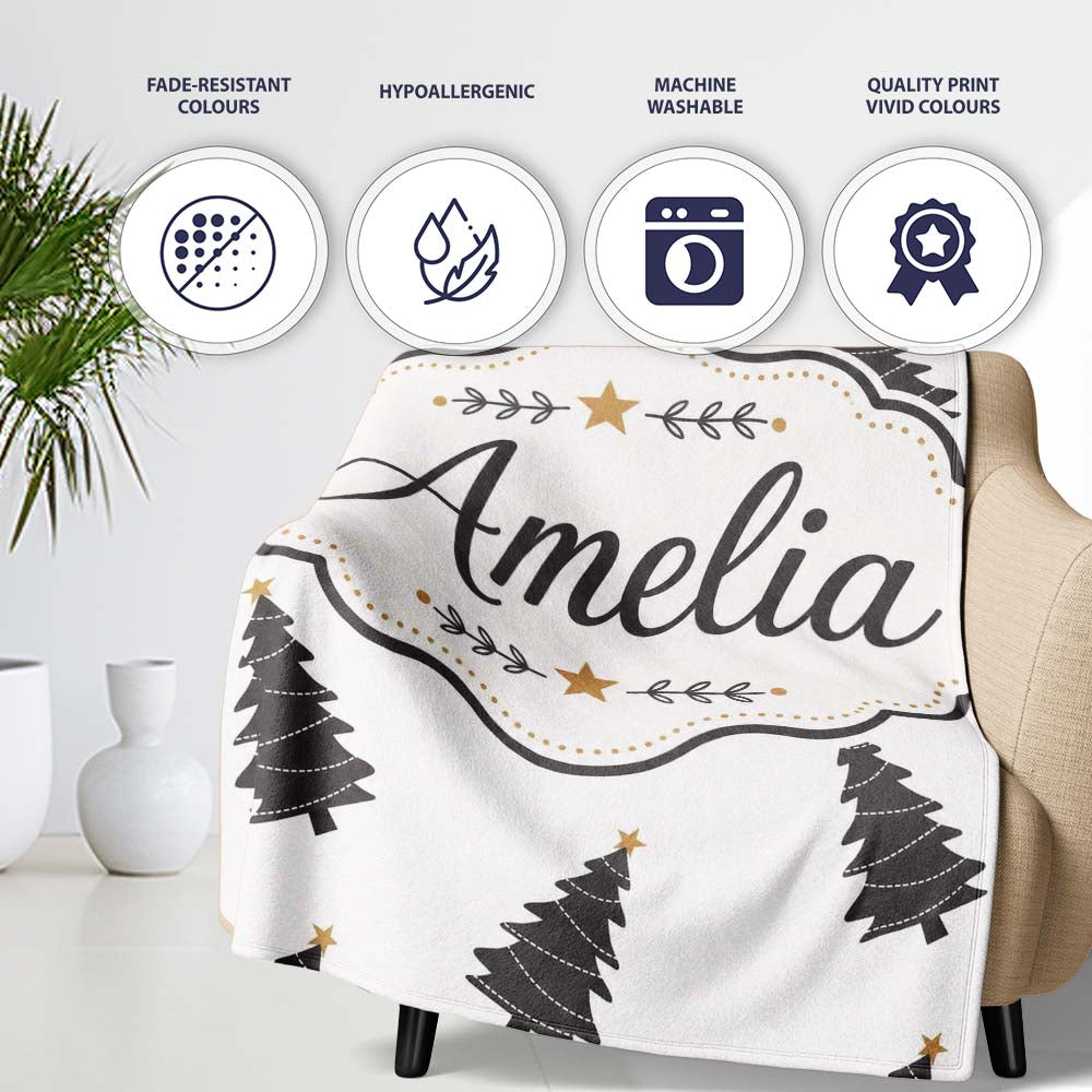 Minimal Black Christmas Trees Gold Star Seamless Pattern Lovely Personalised Custom Name Super Soft Fleece Blanket Bed Sofa Throw