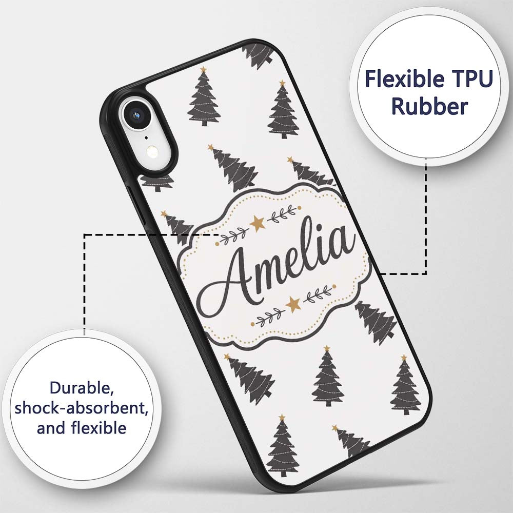 Minimal Black Christmas Trees Gold Star Seamless Custom Name Protective Phone Case Mobile Cover Durable Everyday Smartphone Shock Resistant