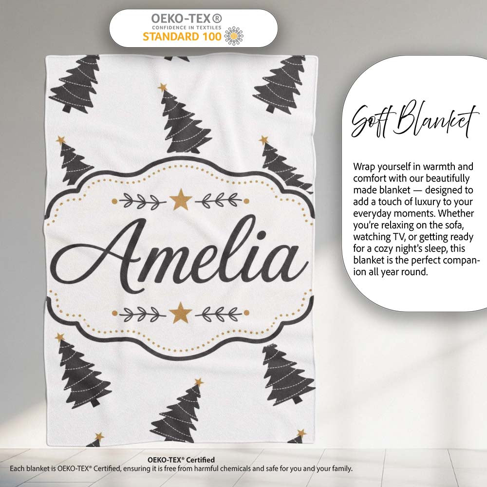 Minimal Black Christmas Trees Gold Star Seamless Pattern Lovely Personalised Custom Name Super Soft Fleece Blanket Bed Sofa Throw