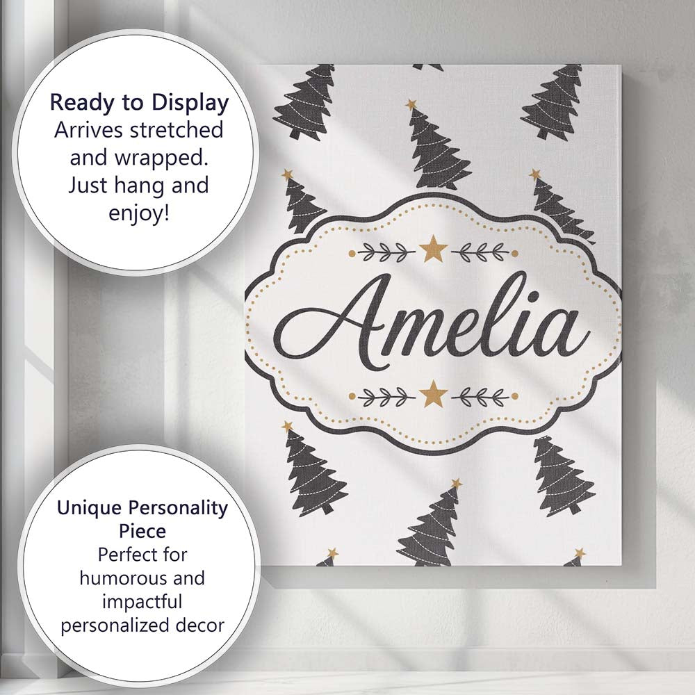 Personalised Name Minimal Black Christmas Custom Unique Gift Idea Elegant Feature Canvas Wall Art Print Decor Picture Ready to Hang