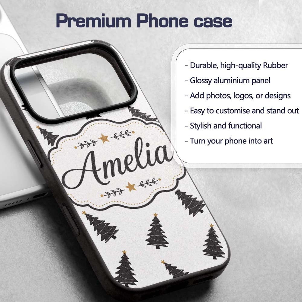 Minimal Black Christmas Trees Gold Star Seamless Custom Name Protective Phone Case Mobile Cover Durable Everyday Smartphone Shock Resistant