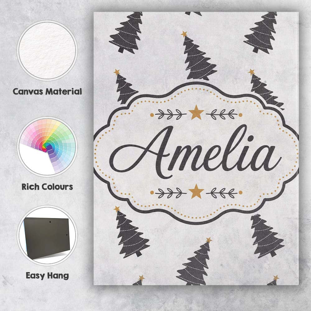 Personalised Name Minimal Black Christmas Custom Unique Gift Idea Elegant Feature Canvas Wall Art Print Decor Picture Ready to Hang
