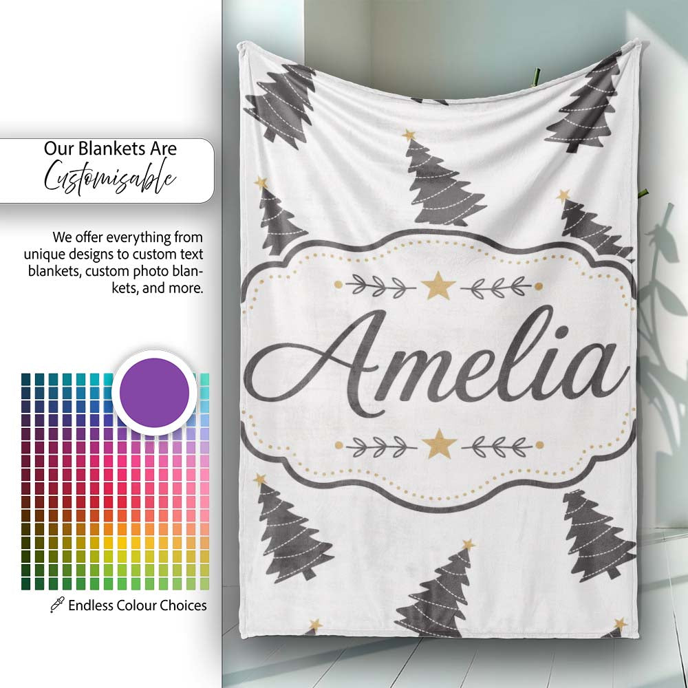 Minimal Black Christmas Trees Gold Star Seamless Pattern Lovely Personalised Custom Name Super Soft Fleece Blanket Bed Sofa Throw