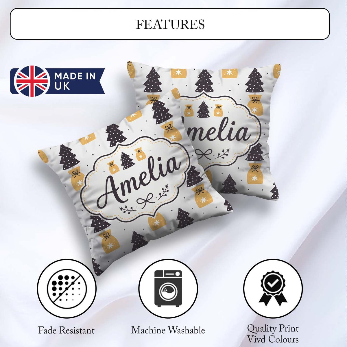 Custom Name Scandi Christmas Trees Bags Neutral Festive Seamless Square Filled Cushion Throw Pillow Sofa Bed Home Decor Zip Washable UK Made