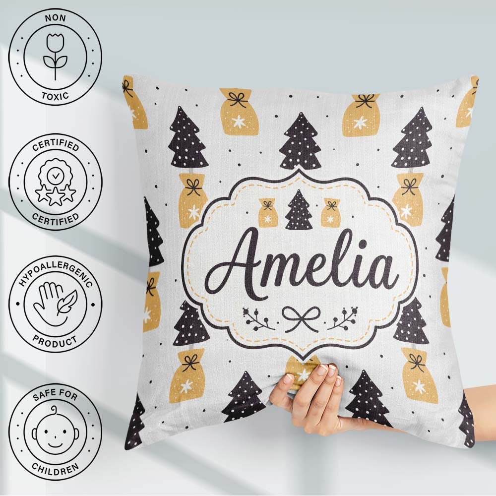 Custom Name Scandi Christmas Trees Bags Neutral Festive Seamless Square Filled Cushion Throw Pillow Sofa Bed Home Decor Zip Washable UK Made
