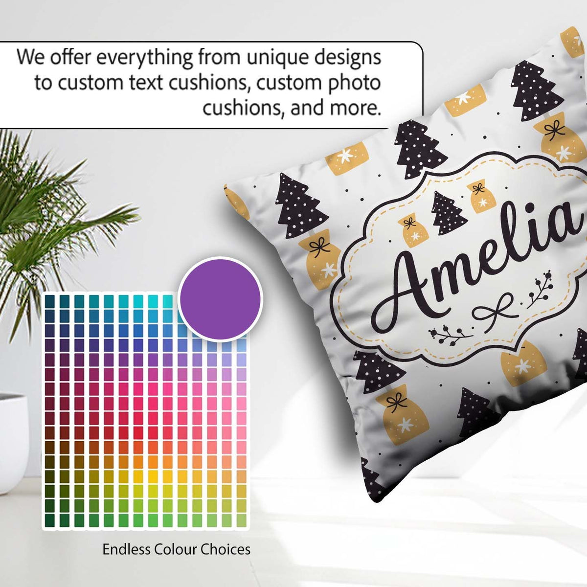 Custom Name Scandi Christmas Trees Bags Neutral Festive Seamless Square Filled Cushion Throw Pillow Sofa Bed Home Decor Zip Washable UK Made