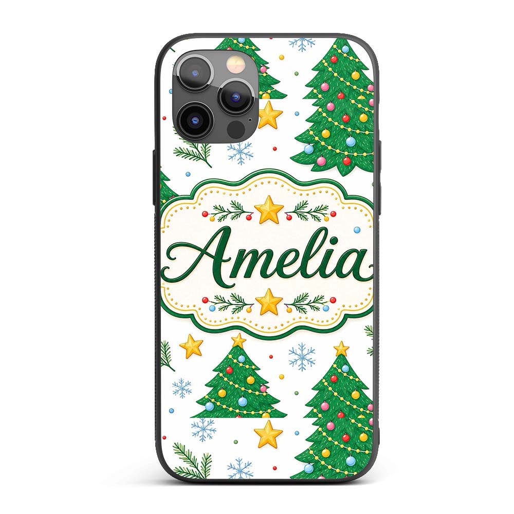 Decorated Christmas Trees Stars Printed Design Custom Name Protective Phone Case Mobile Cover Durable Everyday Smartphone Shock Resistant