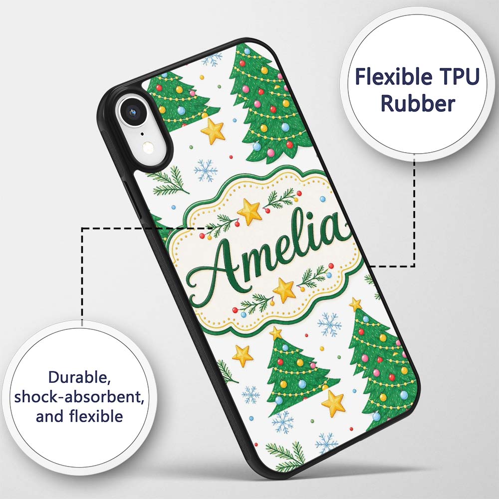 Decorated Christmas Trees Stars Printed Design Custom Name Protective Phone Case Mobile Cover Durable Everyday Smartphone Shock Resistant