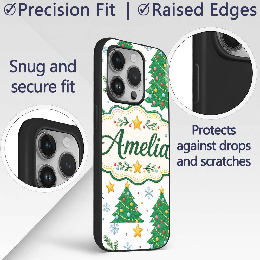 Decorated Christmas Trees Stars Printed Design Custom Name Protective Phone Case Mobile Cover Durable Everyday Smartphone Shock Resistant