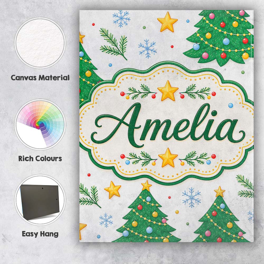 Personalised Name Decorated Christmas Trees Custom Bespoke Interior Contemporary Canvas Wall Art Print Decor Picture Ready to Hang