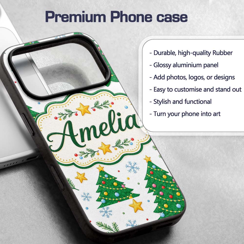 Decorated Christmas Trees Stars Printed Design Custom Name Protective Phone Case Mobile Cover Durable Everyday Smartphone Shock Resistant