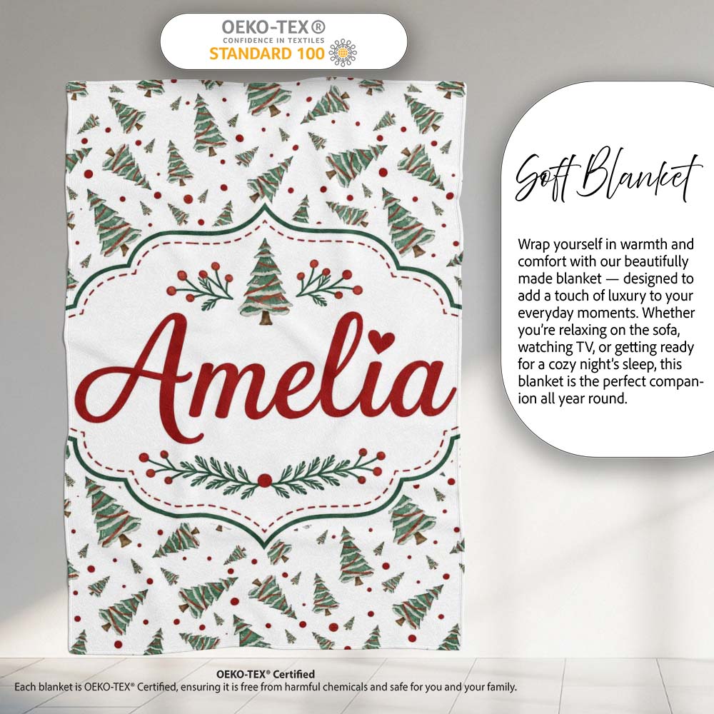 Watercolor Christmas Trees Red Dots Winter Seamless Pattern Lovely Personalised Custom Name Super Soft Fleece Blanket Bed Sofa Throw