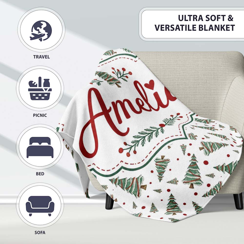 Watercolor Christmas Trees Red Dots Winter Seamless Pattern Lovely Personalised Custom Name Super Soft Fleece Blanket Bed Sofa Throw