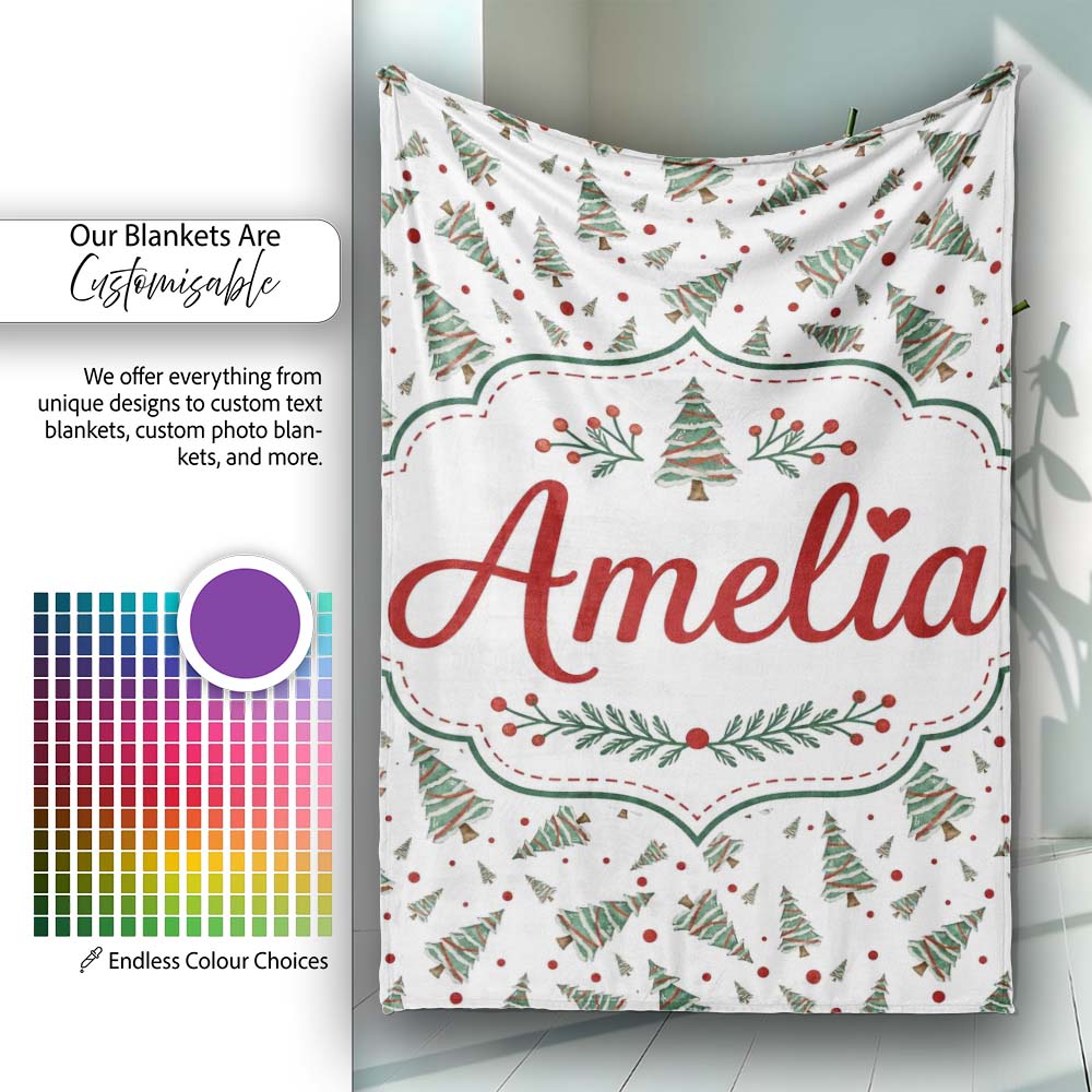Watercolor Christmas Trees Red Dots Winter Seamless Pattern Lovely Personalised Custom Name Super Soft Fleece Blanket Bed Sofa Throw