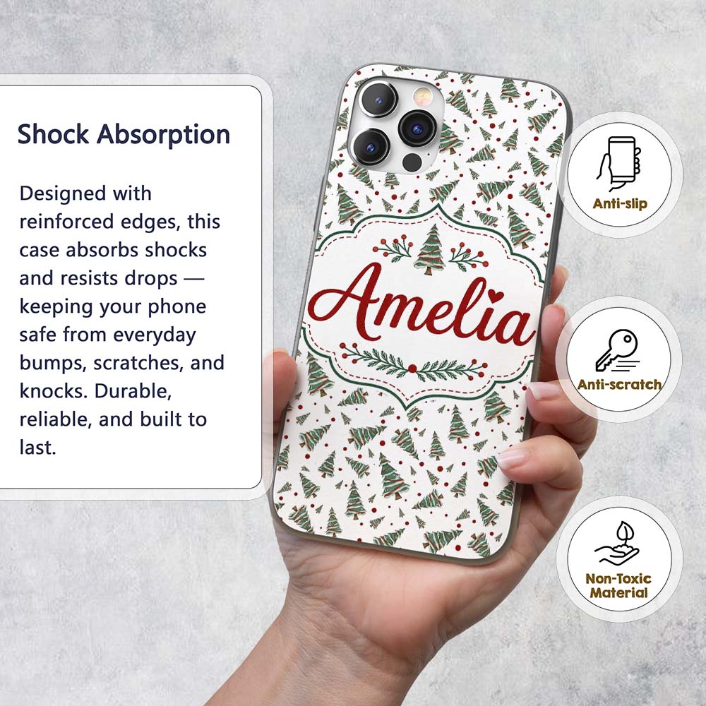 Watercolor Christmas Trees Red Printed Design Custom Name Protective Phone Case Mobile Cover Durable Everyday Smartphone Shock Resistant