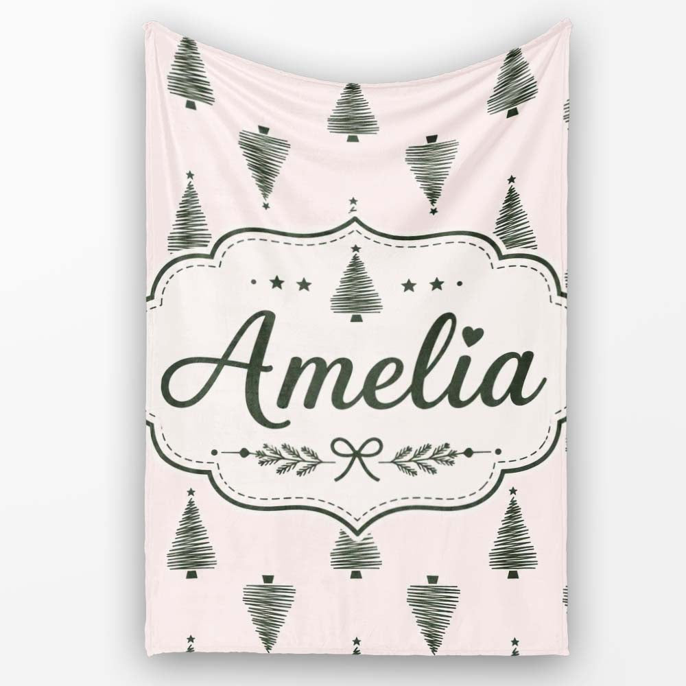 Minimal Line Christmas Tree Modern Scandinavian Seamless Pattern Personalised Custom Name Super Soft Fleece Blanket Bed Sofa Throw