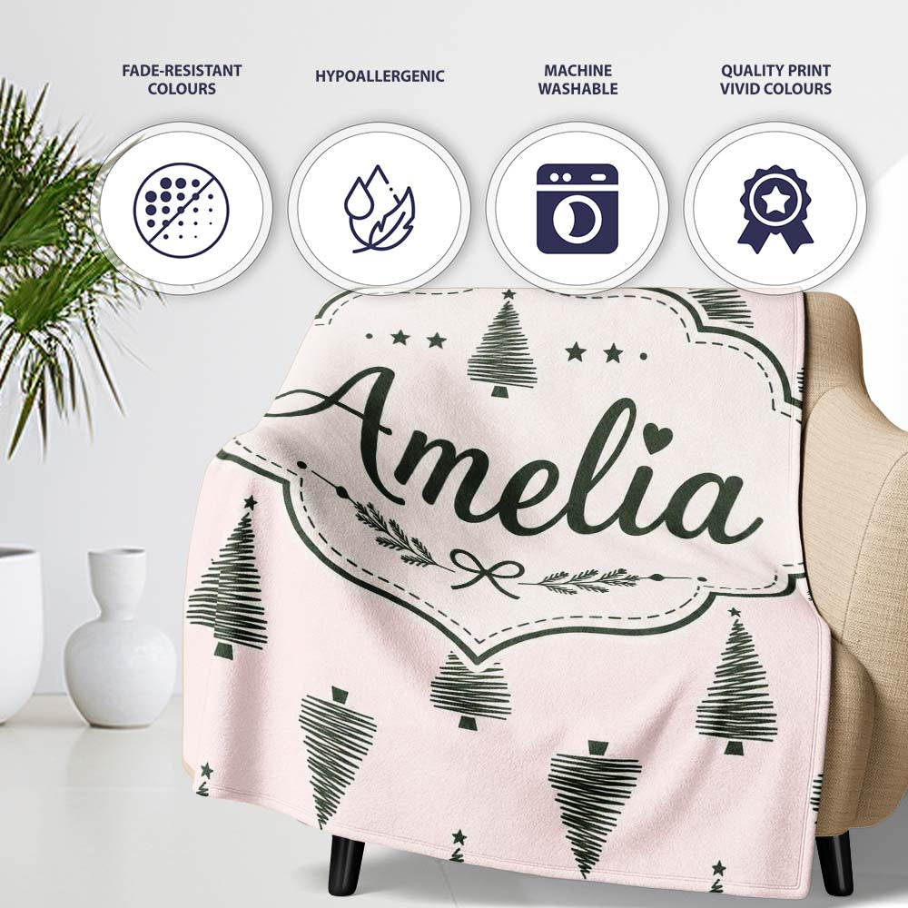 Minimal Line Christmas Tree Modern Scandinavian Seamless Pattern Personalised Custom Name Super Soft Fleece Blanket Bed Sofa Throw