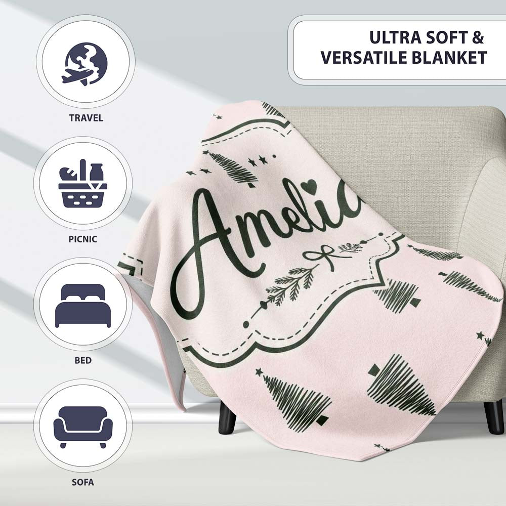 Minimal Line Christmas Tree Modern Scandinavian Seamless Pattern Personalised Custom Name Super Soft Fleece Blanket Bed Sofa Throw
