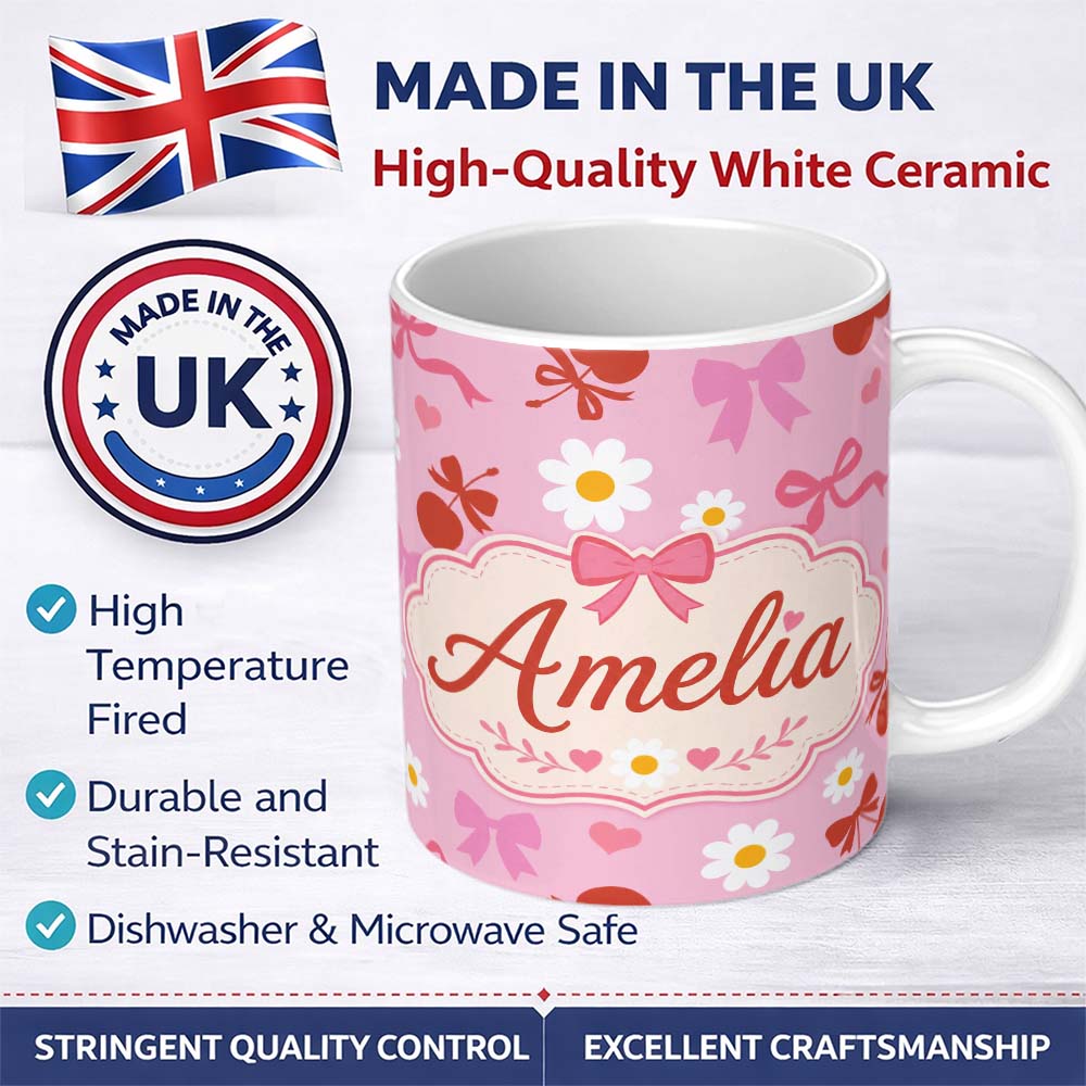 Personalized Custom Name Pink Cherry and Bow Decorative with Floral Elements Sweet Style 11oz Ceramic Coffee Tea Mug White Large Handle