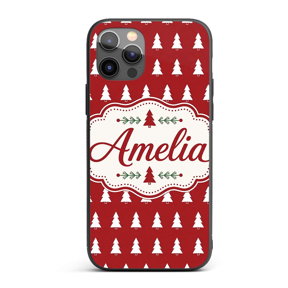 Simple White Christmas Trees Red Printed Design Custom Name Protective Phone Case Mobile Cover Durable Everyday Smartphone Shock Resistant