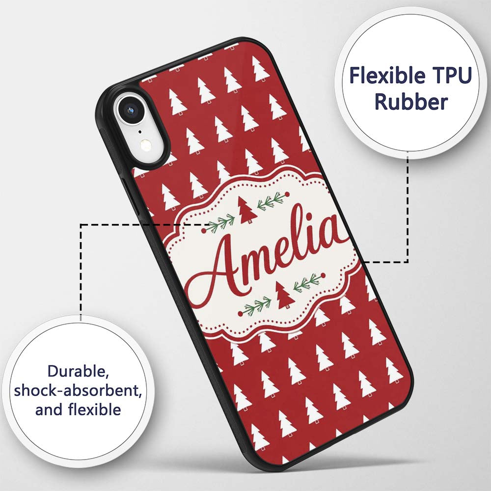 Simple White Christmas Trees Red Printed Design Custom Name Protective Phone Case Mobile Cover Durable Everyday Smartphone Shock Resistant
