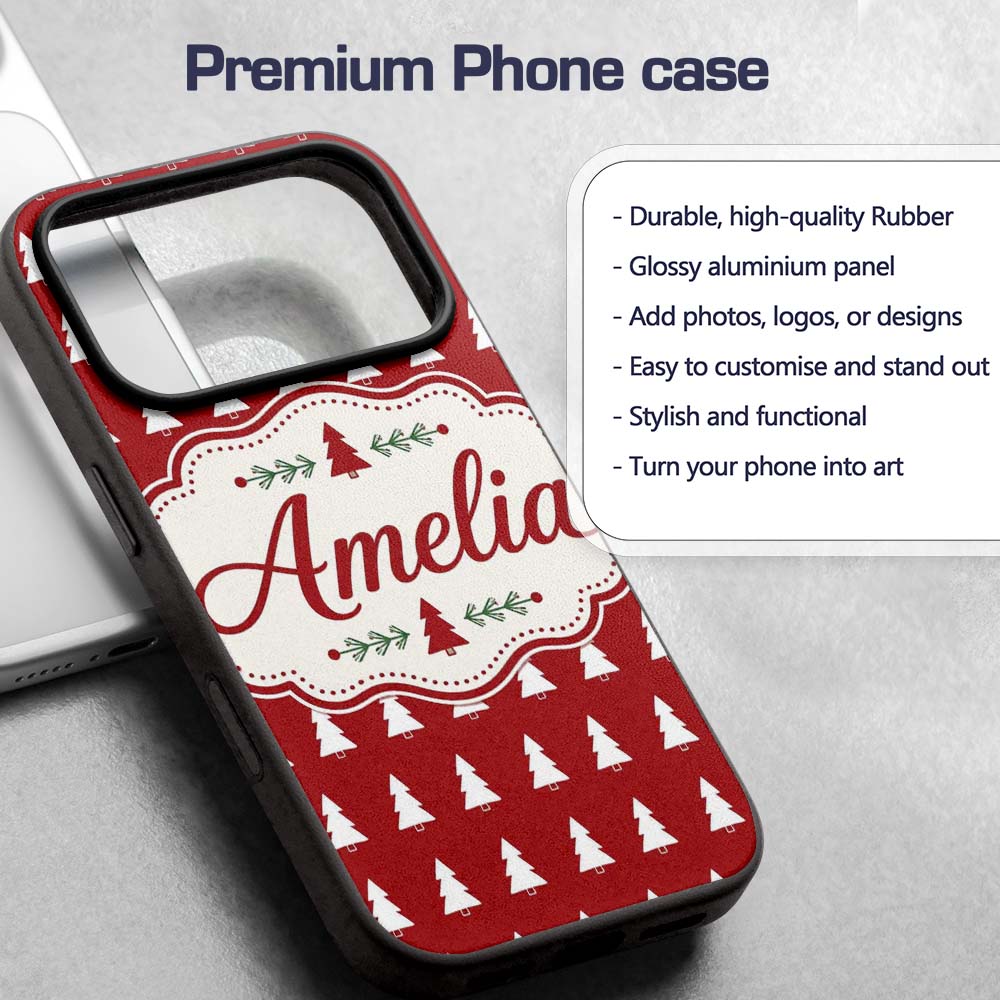 Simple White Christmas Trees Red Printed Design Custom Name Protective Phone Case Mobile Cover Durable Everyday Smartphone Shock Resistant