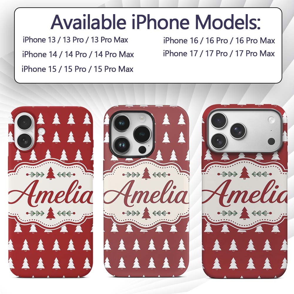Simple White Christmas Trees Red Printed Design Custom Name Protective Phone Case Mobile Cover Durable Everyday Smartphone Shock Resistant
