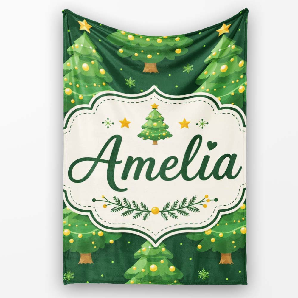 Cute Green Christmas Trees Golden Ornaments Seamless Pattern Lovely Personalised Custom Name Super Soft Fleece Blanket Bed Sofa Throw