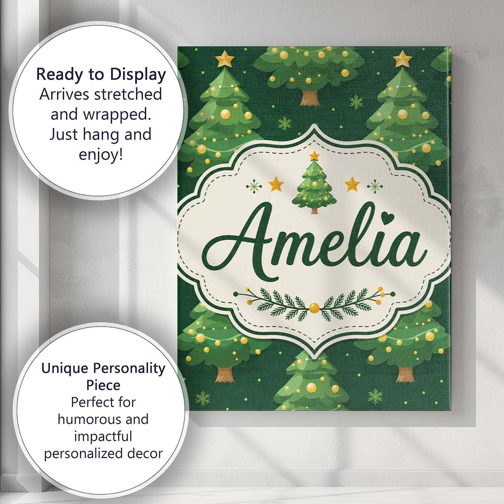 Personalised Name Cute Green Christmas Custom Modern Room Accent Elegant Feature Canvas Wall Art Print Decor Picture Ready to Hang