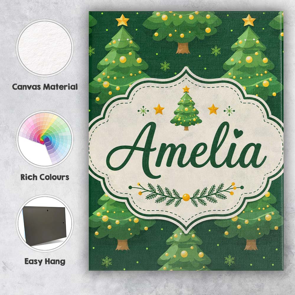 Personalised Name Cute Green Christmas Custom Modern Room Accent Elegant Feature Canvas Wall Art Print Decor Picture Ready to Hang