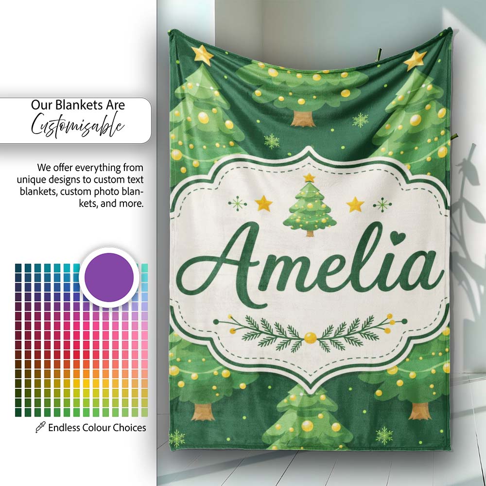 Cute Green Christmas Trees Golden Ornaments Seamless Pattern Lovely Personalised Custom Name Super Soft Fleece Blanket Bed Sofa Throw