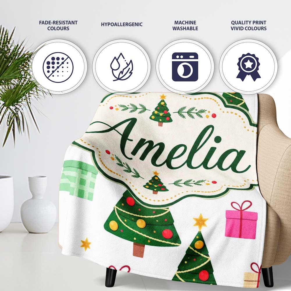 Festive Christmas Trees Gifts Holiday Seamless Pattern Lovely Personalised Custom Name Super Soft Fleece Blanket Bed Sofa Throw