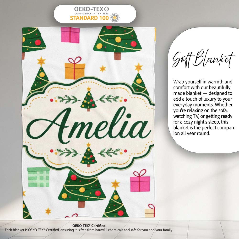 Festive Christmas Trees Gifts Holiday Seamless Pattern Lovely Personalised Custom Name Super Soft Fleece Blanket Bed Sofa Throw