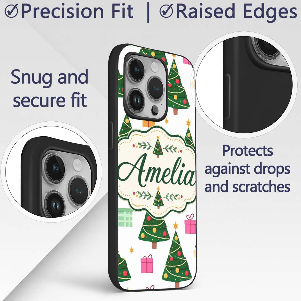 Festive Christmas Trees Gifts Holiday Seamless Custom Name Protective Phone Case Mobile Cover Durable Everyday Smartphone Shock Resistant