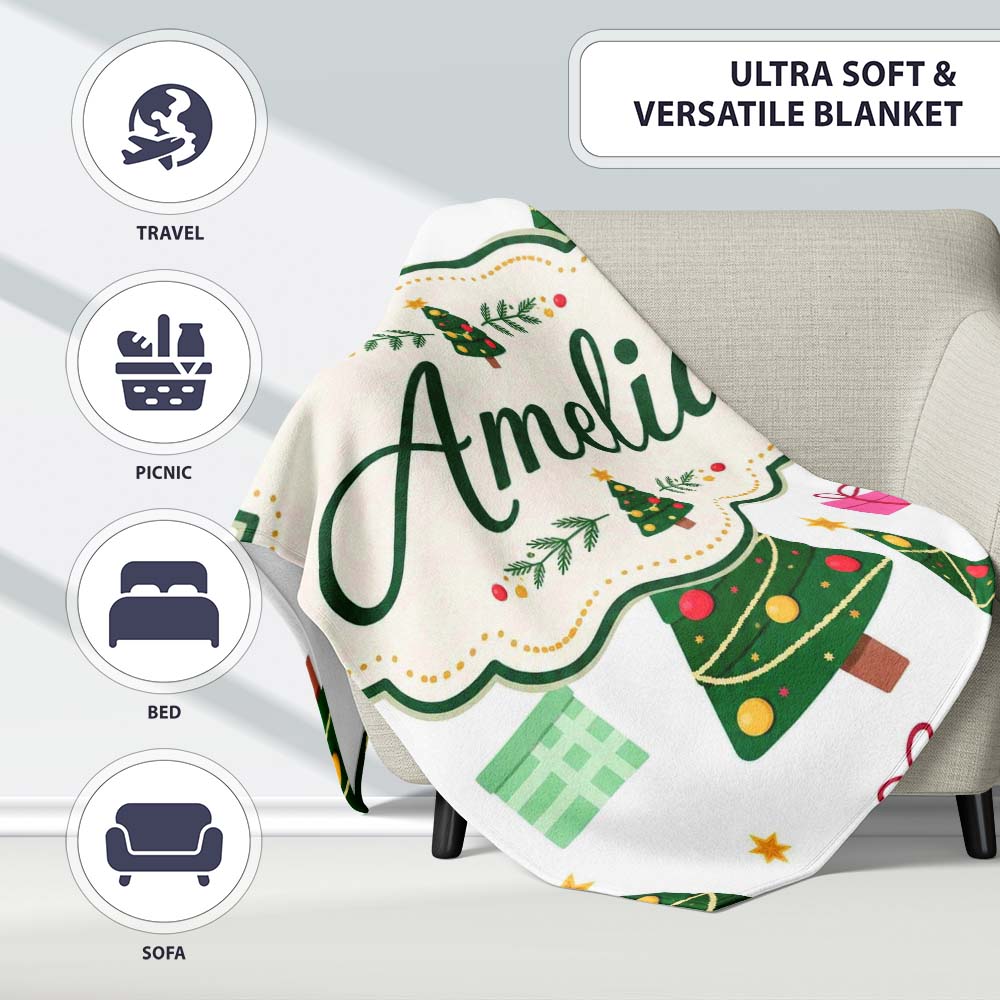 Festive Christmas Trees Gifts Holiday Seamless Pattern Lovely Personalised Custom Name Super Soft Fleece Blanket Bed Sofa Throw