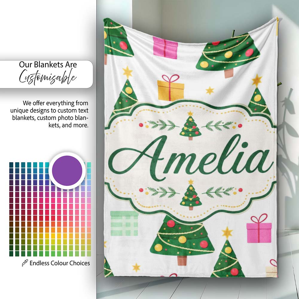 Festive Christmas Trees Gifts Holiday Seamless Pattern Lovely Personalised Custom Name Super Soft Fleece Blanket Bed Sofa Throw