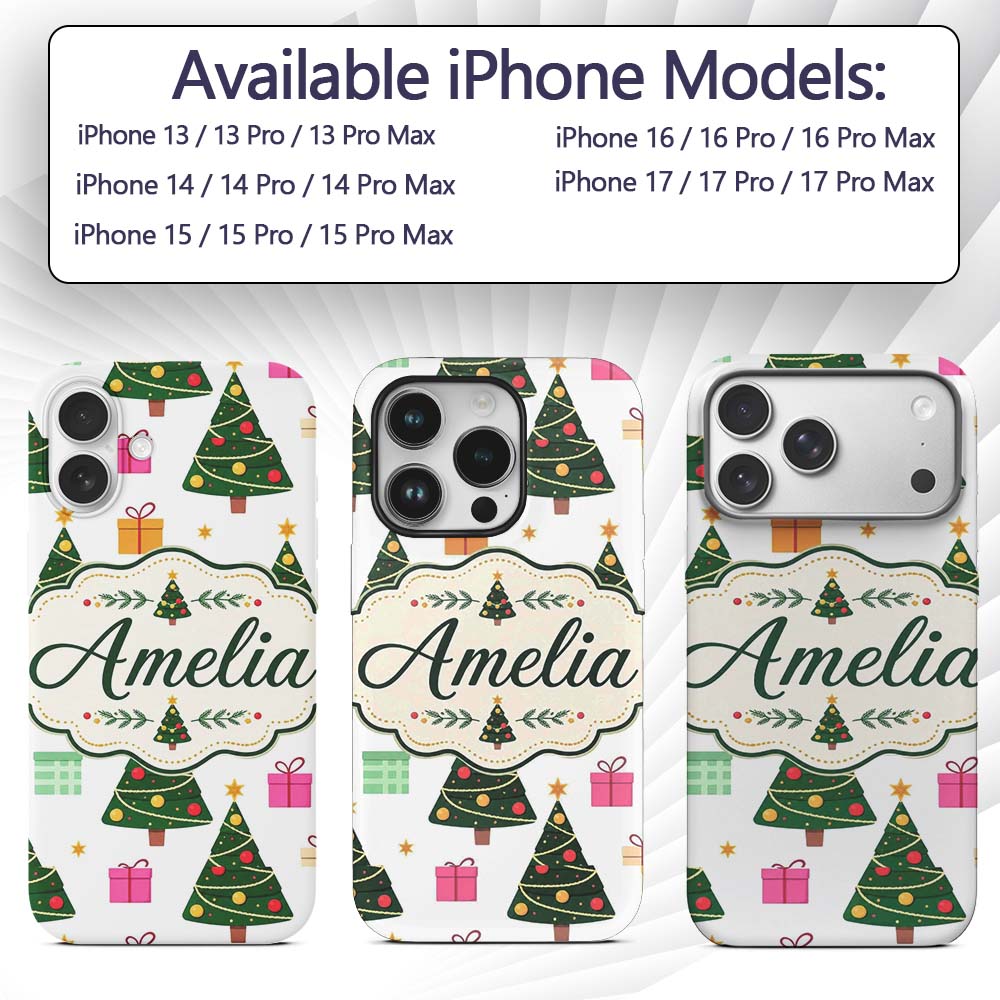 Festive Christmas Trees Gifts Holiday Seamless Custom Name Protective Phone Case Mobile Cover Durable Everyday Smartphone Shock Resistant