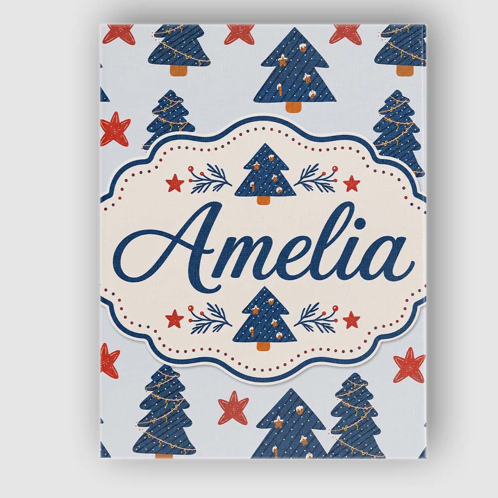 Personalised Name Navy Blue Christmas Trees Custom Bespoke Interior Contemporary Canvas Wall Art Print Decor Picture Ready to Hang