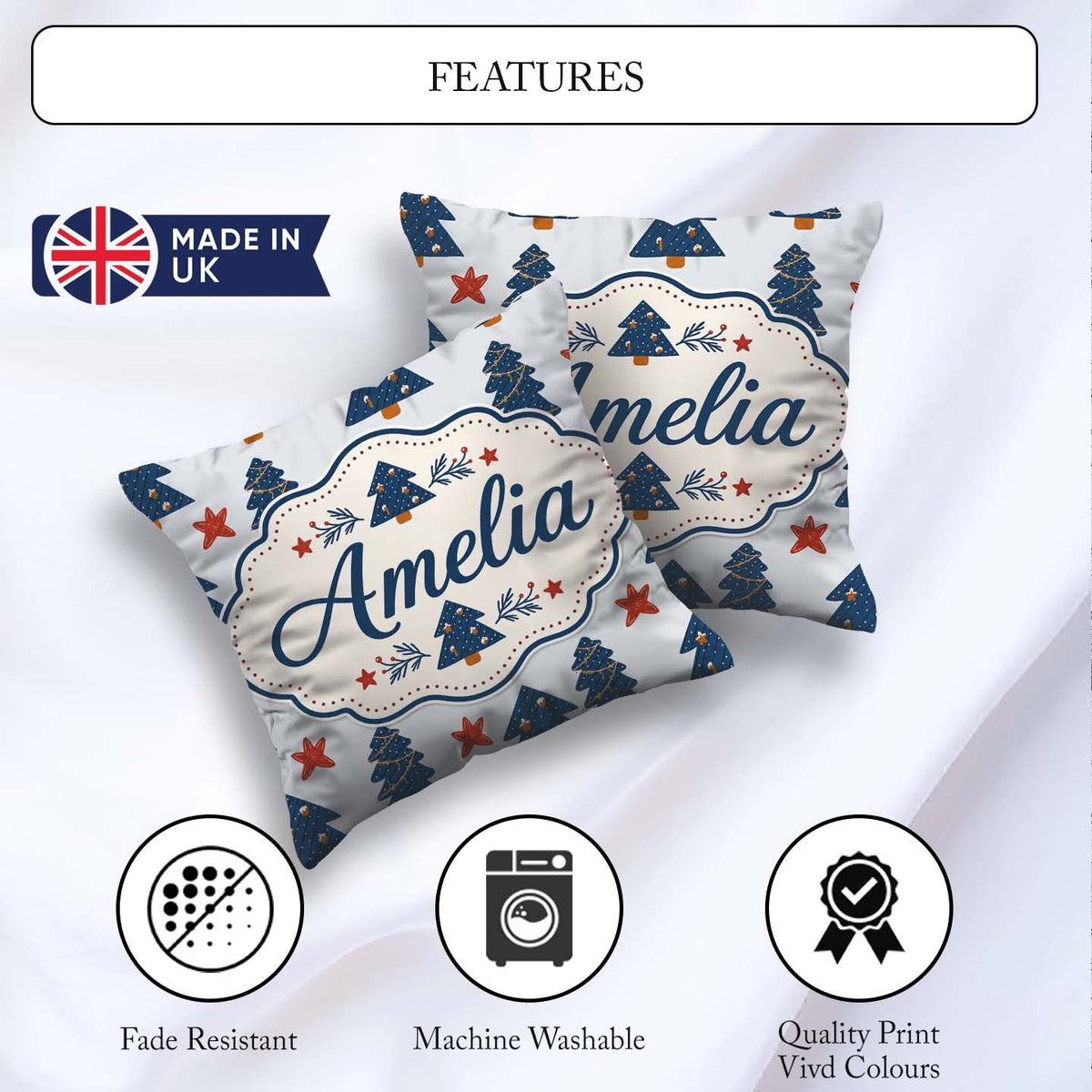 Custom Name Navy Blue Christmas Trees Red Stars Festive Seamless Square Filled Cushion Throw Pillow Sofa Bed Home Decor Zip Washable UK Made
