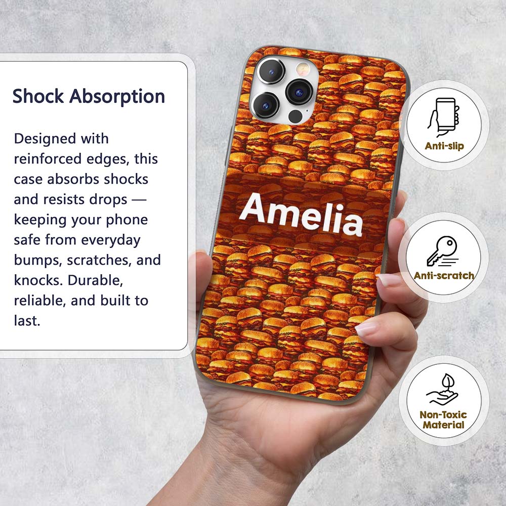 Dense Burger Stack Seamless Pattern Fast Food Custom Name Protective Phone Case Mobile Cover Durable Everyday Smartphone Shock Resistant