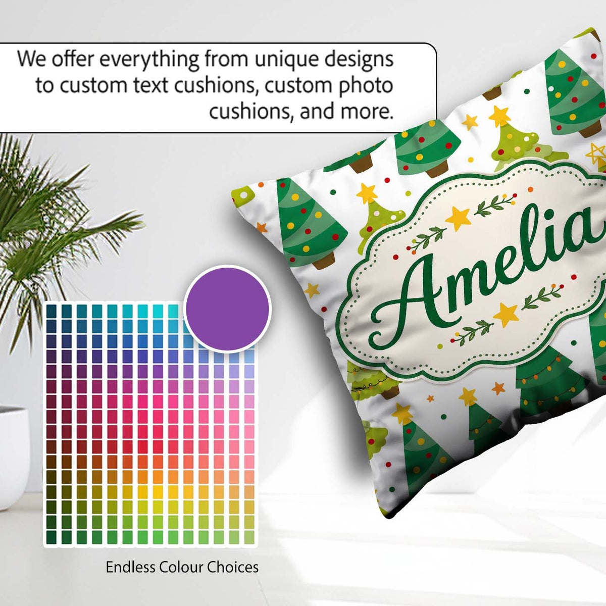 Custom Name Cute Mixed Christmas Trees Colorful Festive Seamless Square Filled Cushion Throw Pillow Sofa Bed Home Decor Zip Washable UK Made